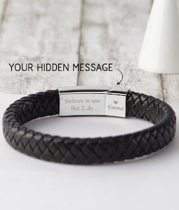 Personalized Mens Bracelet, Fathers Day Gift For Him, Hidden Message Bracelet, Custom Mens Jewelry For Husband, Boyfriend Leather Bracelet