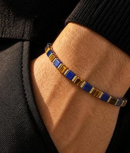 Tiger Eye Bracelet, Lapis Lazuli, 4mm Square Beads, Gold-Plated Hematite, Adjustable Gift for Him