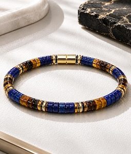 6mm Heishi Lapis Lazuli Tiger Eye Bracelet. Magnetic Clasp Mens Bracelet. Luxury Gemstone Jewelry. Gift for Him. Handmade